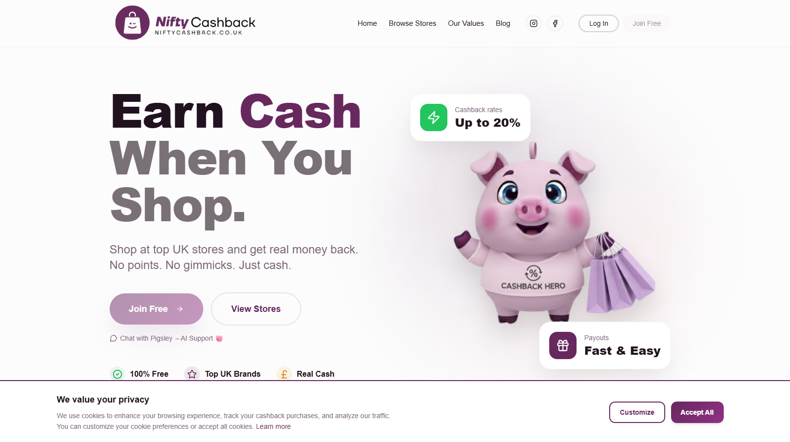 Bespoke web design for Nifty Cashback - desktop preview