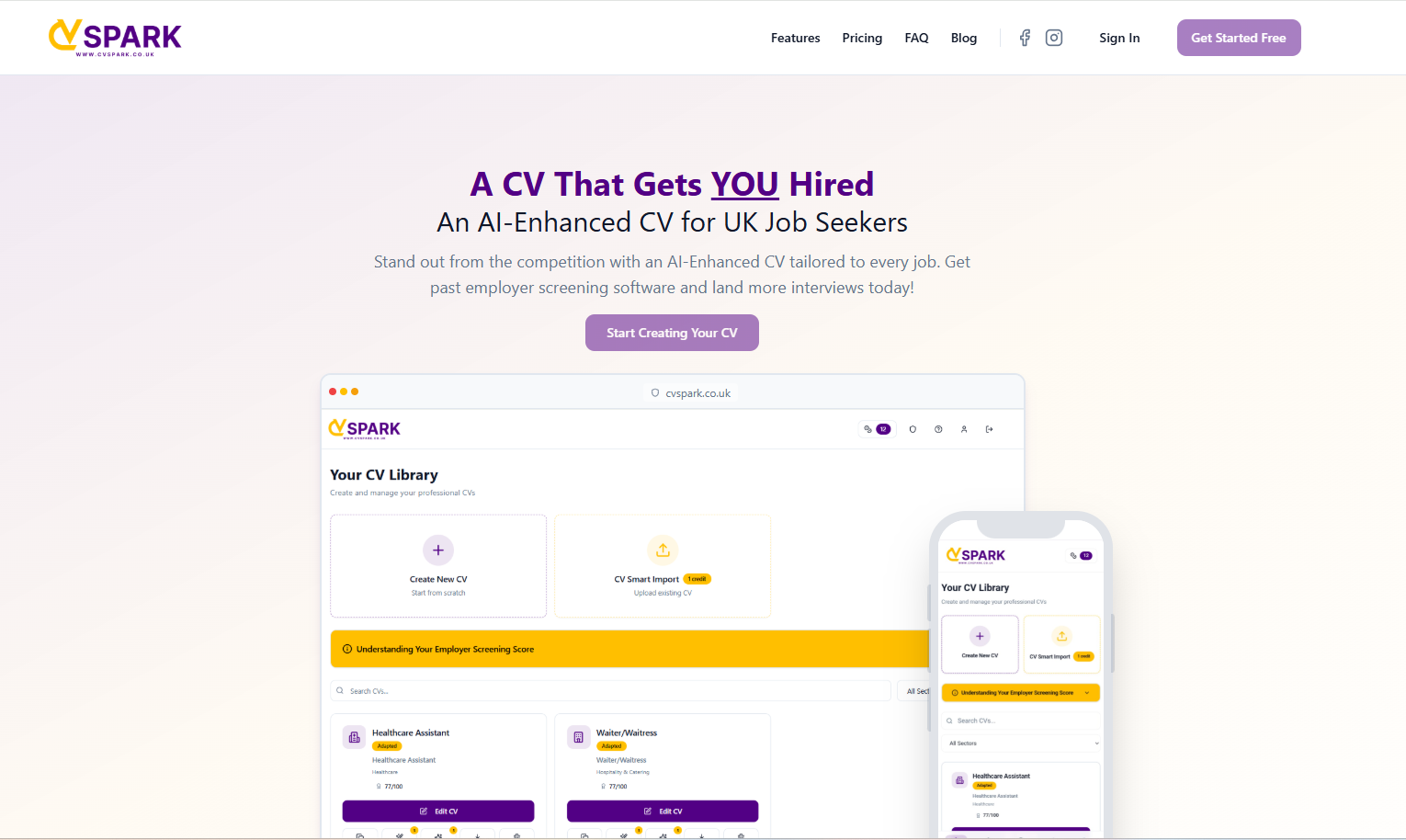 Bespoke web design for CV Spark - desktop preview