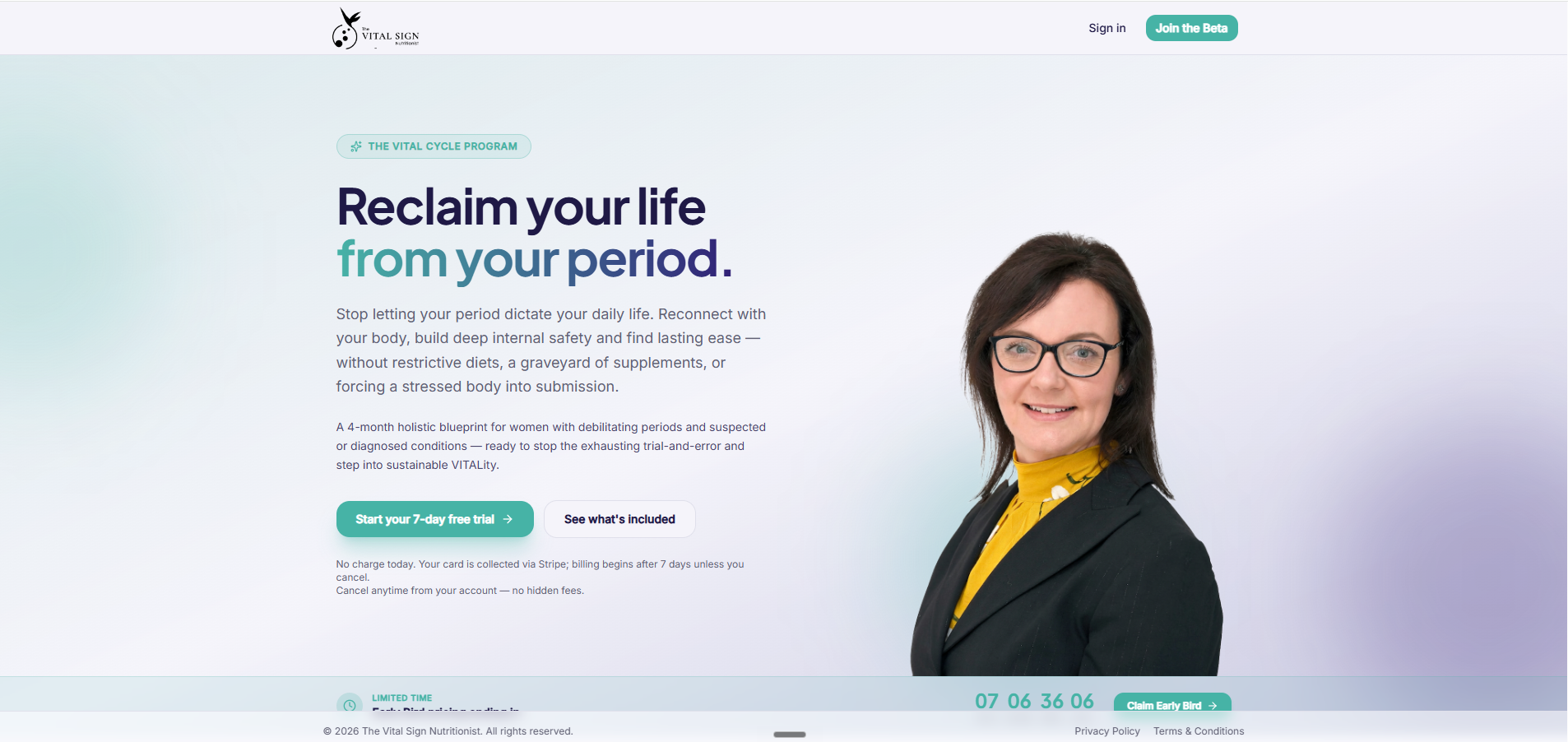 Bespoke web design for The Vital Sign - desktop preview