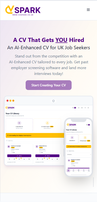 Bespoke web design for CV Spark - mobile preview