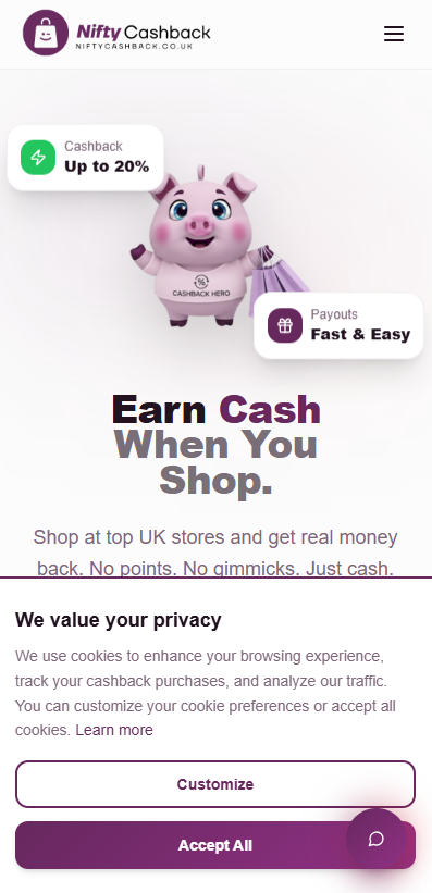 Bespoke web design for Nifty Cashback - mobile preview